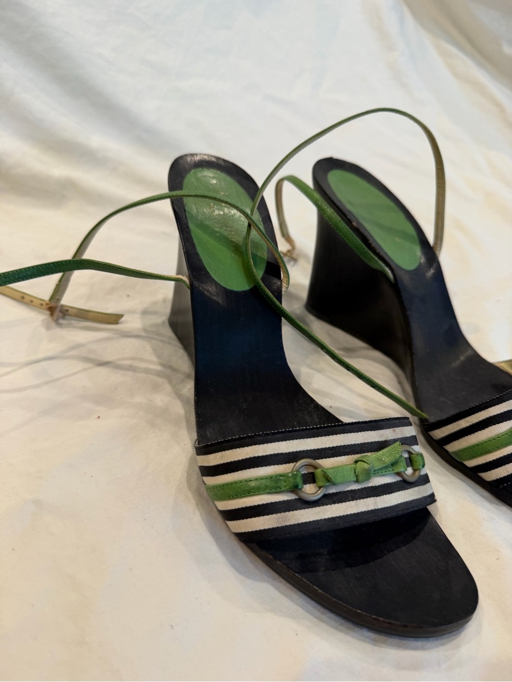 kate spade Black, White and Green Striped Wood Wedge Sandals